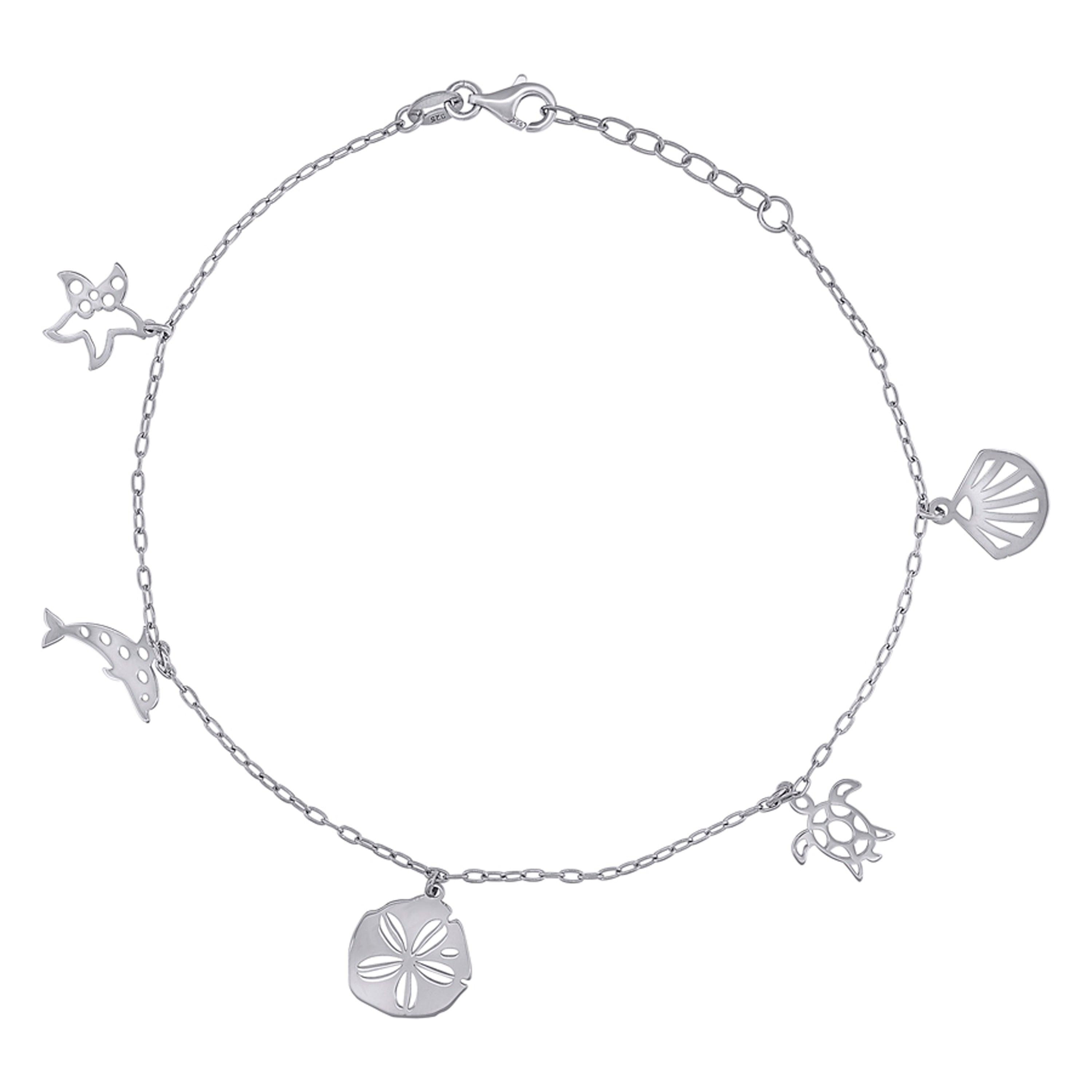 925 Sterling Silver Womens Ocean Life Charms Anklet Size 10 Inches
