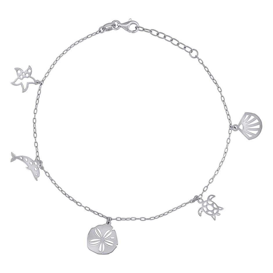 925 Sterling Silver Womens Ocean Life Charms Anklet Size 10 Inches