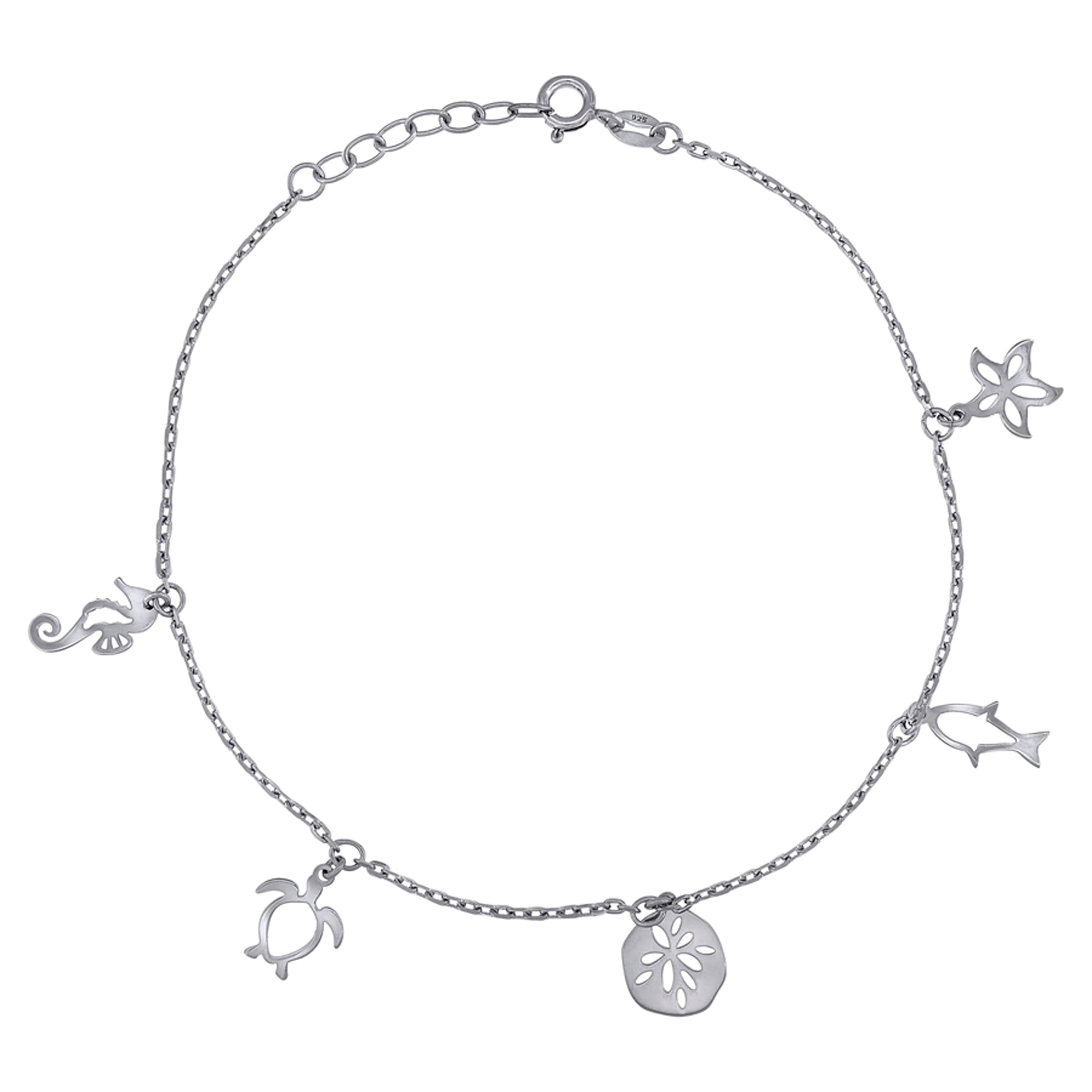 925 Sterling Silver Womens Ocean Life Charms Anklet Size 10 Inches