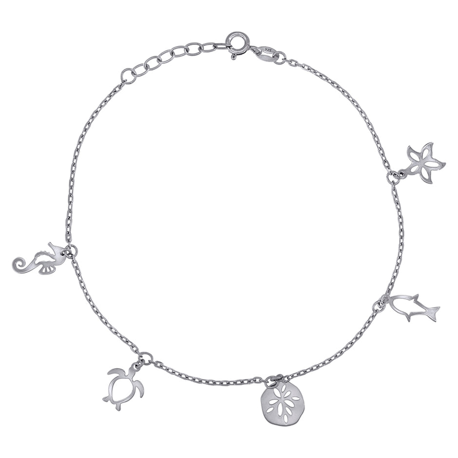 925 Sterling Silver Womens Ocean Life Charms Anklet Size 10 Inches