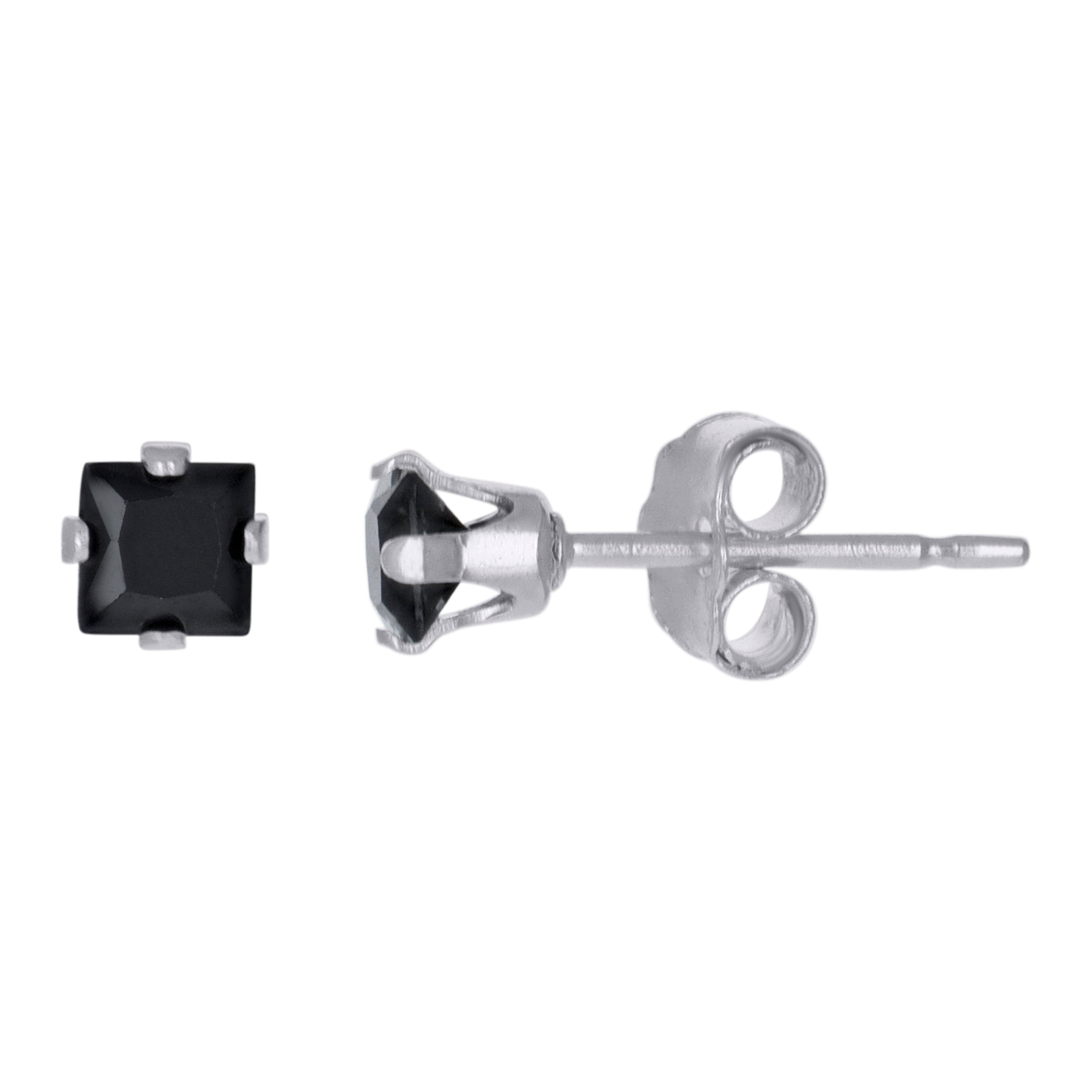 925 Sterling Silver Unisex Princess Cut Black Cubic-Zirconia 3mm Square Stud Earrings