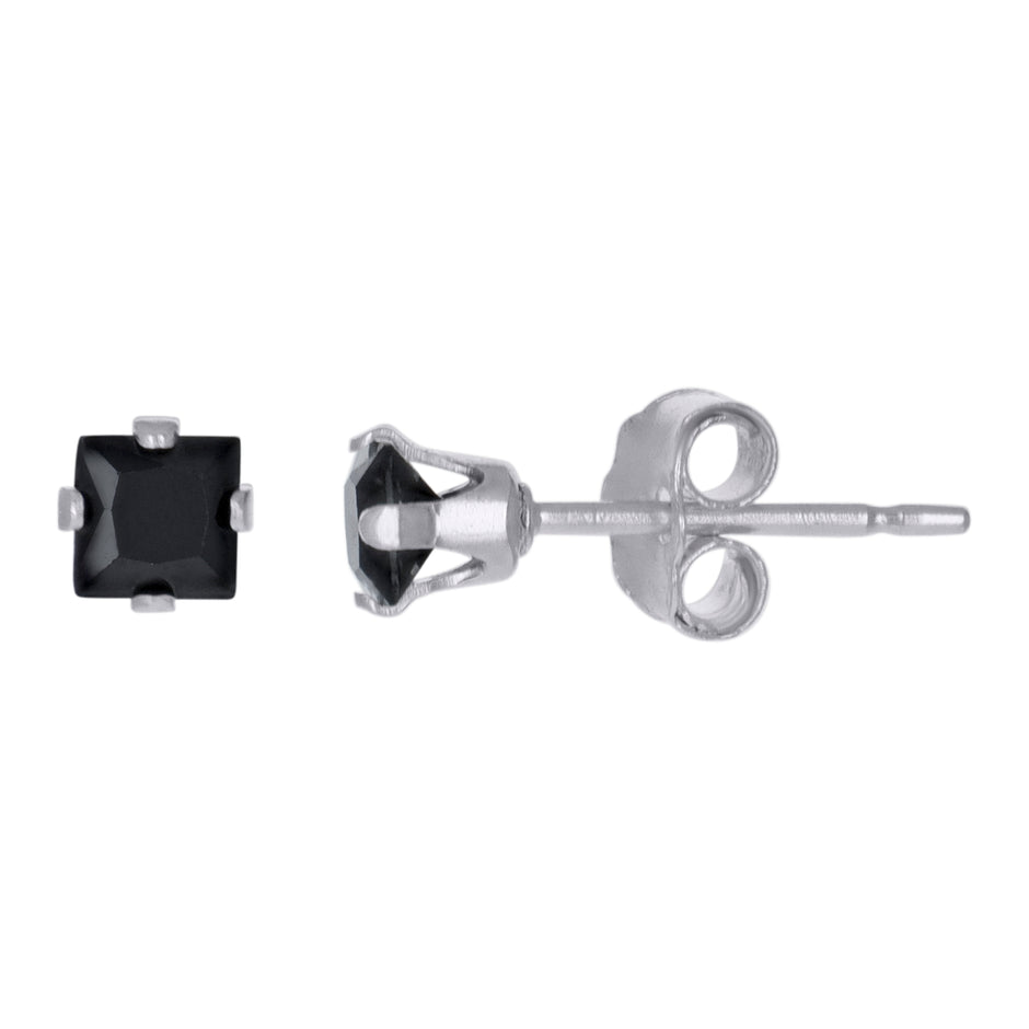 925 Sterling Silver Unisex Princess Cut Black Cubic-Zirconia 3mm Square Stud Earrings