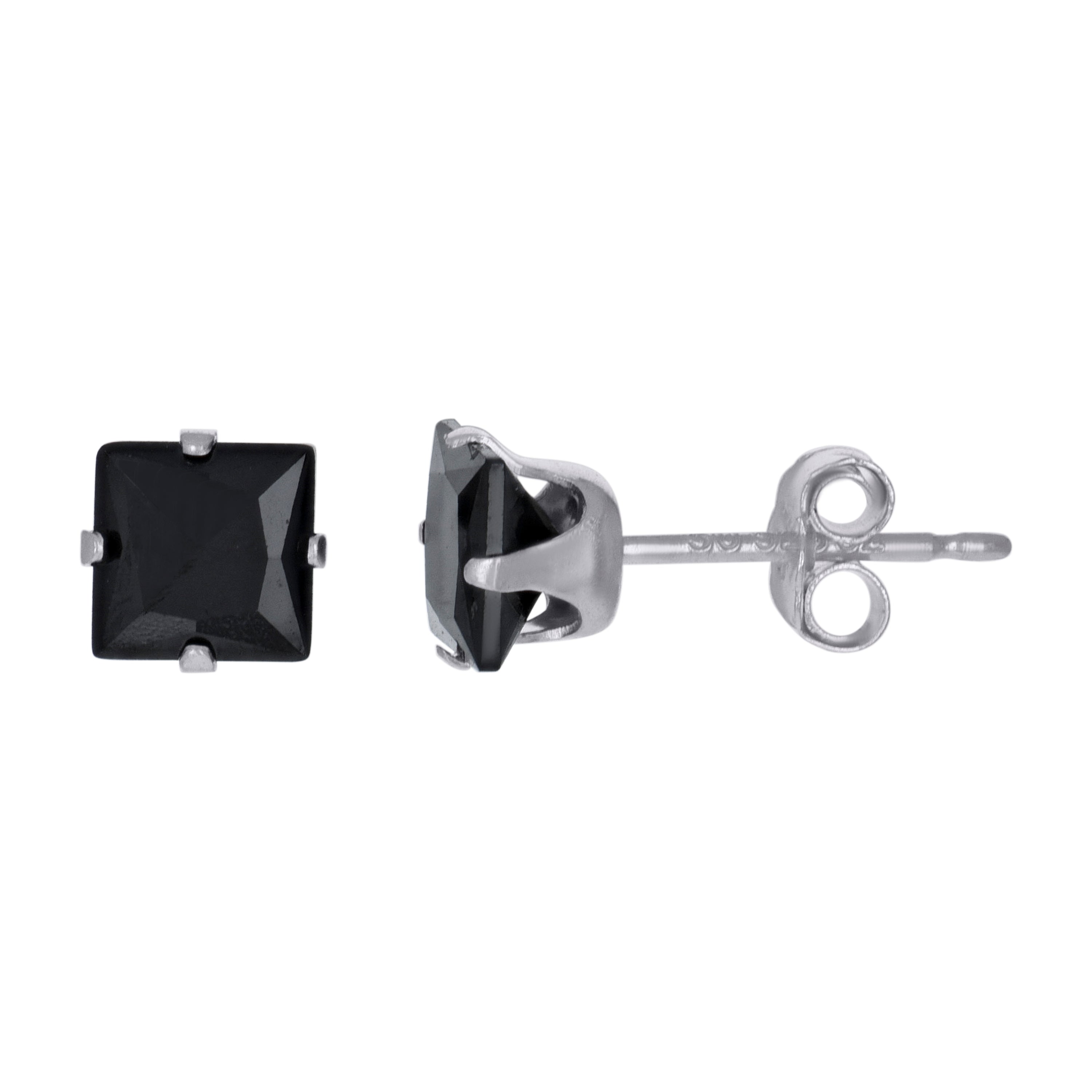 925 Sterling Silver Unisex Princess Cut Black Cubic-Zirconia 5mm Square Stud Earrings