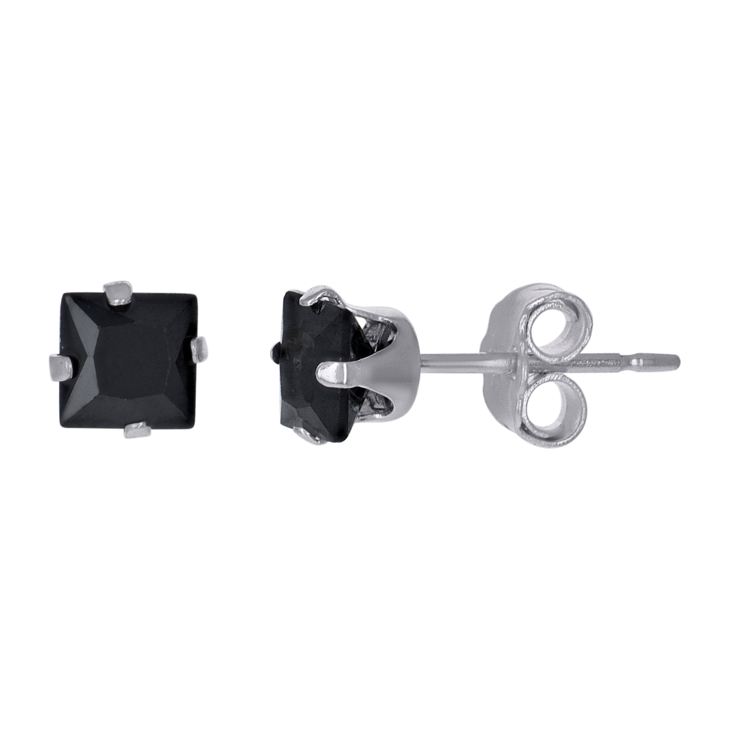 925 Sterling Silver Unisex Princess Cut Black Cubic-Zirconia 4mm Square Stud Earrings