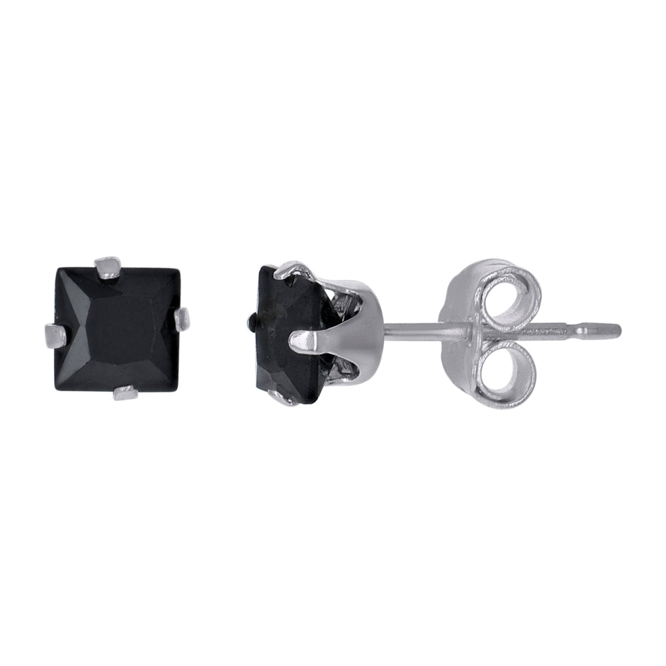 925 Sterling Silver Unisex Princess Cut Black Cubic-Zirconia 4mm Square Stud Earrings