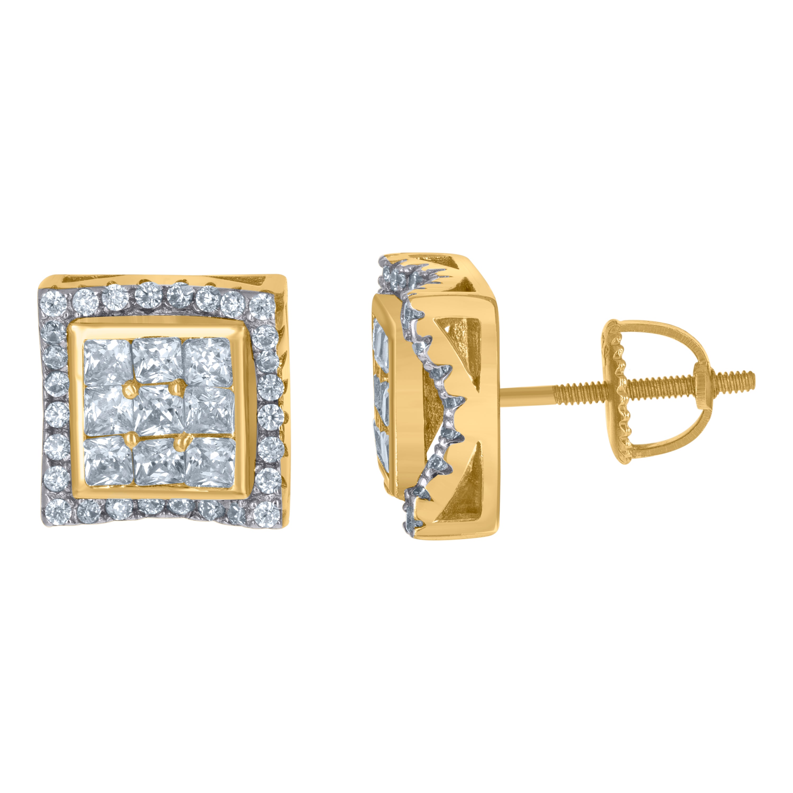 925 Sterling Silver Yellow-Tone Unisex Princess-Cut Cubic-Zirconia Square Fashion Stud Earrings