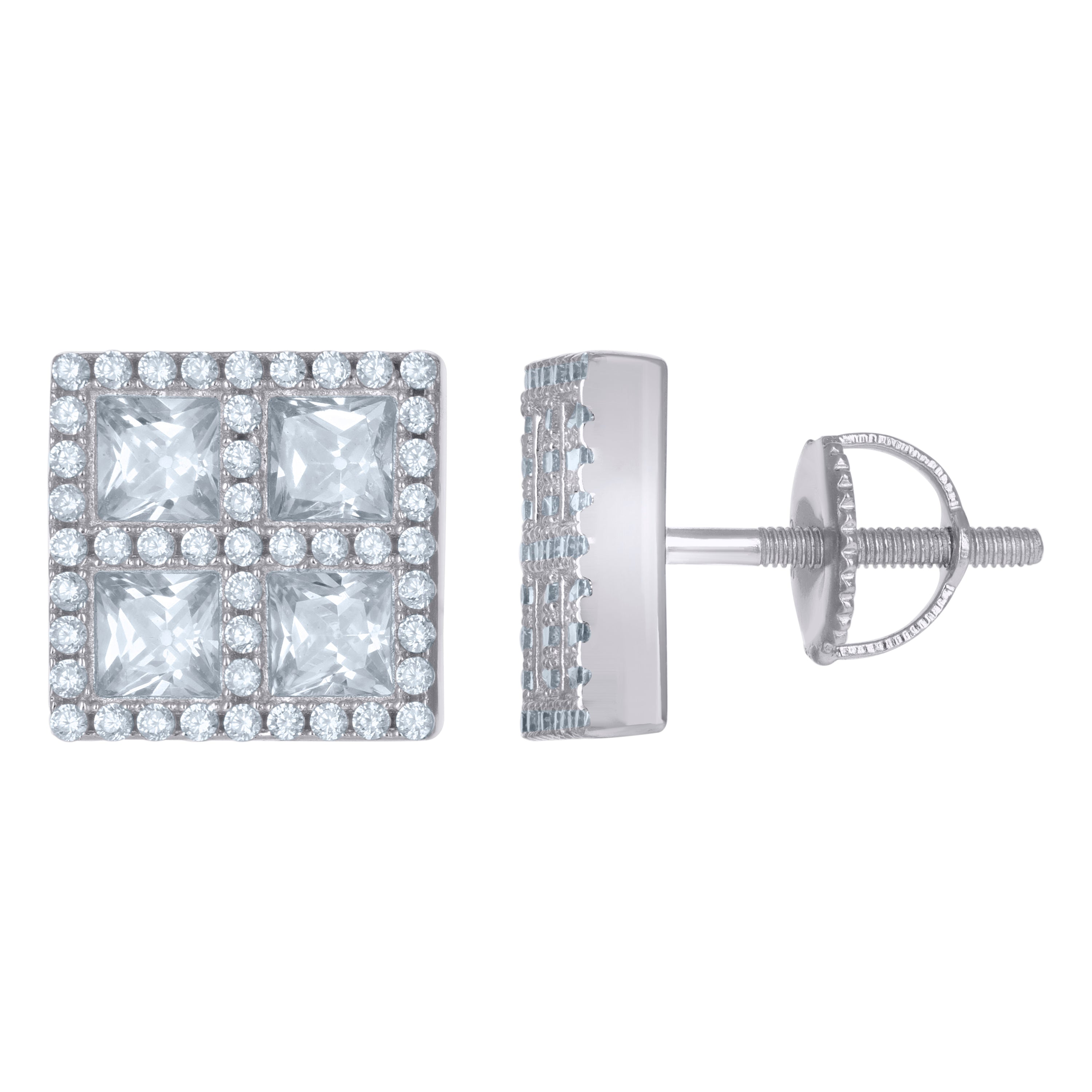 925 Sterling Silver Unisex Princess-Cut Cubic-Zirconia Square Fashion Stud Earrings