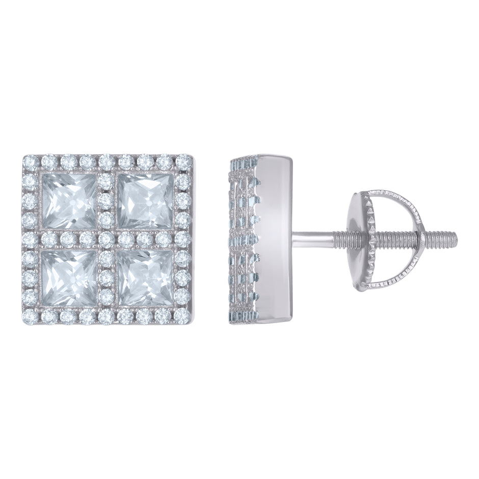 925 Sterling Silver Unisex Princess-Cut Cubic-Zirconia Square Fashion Stud Earrings