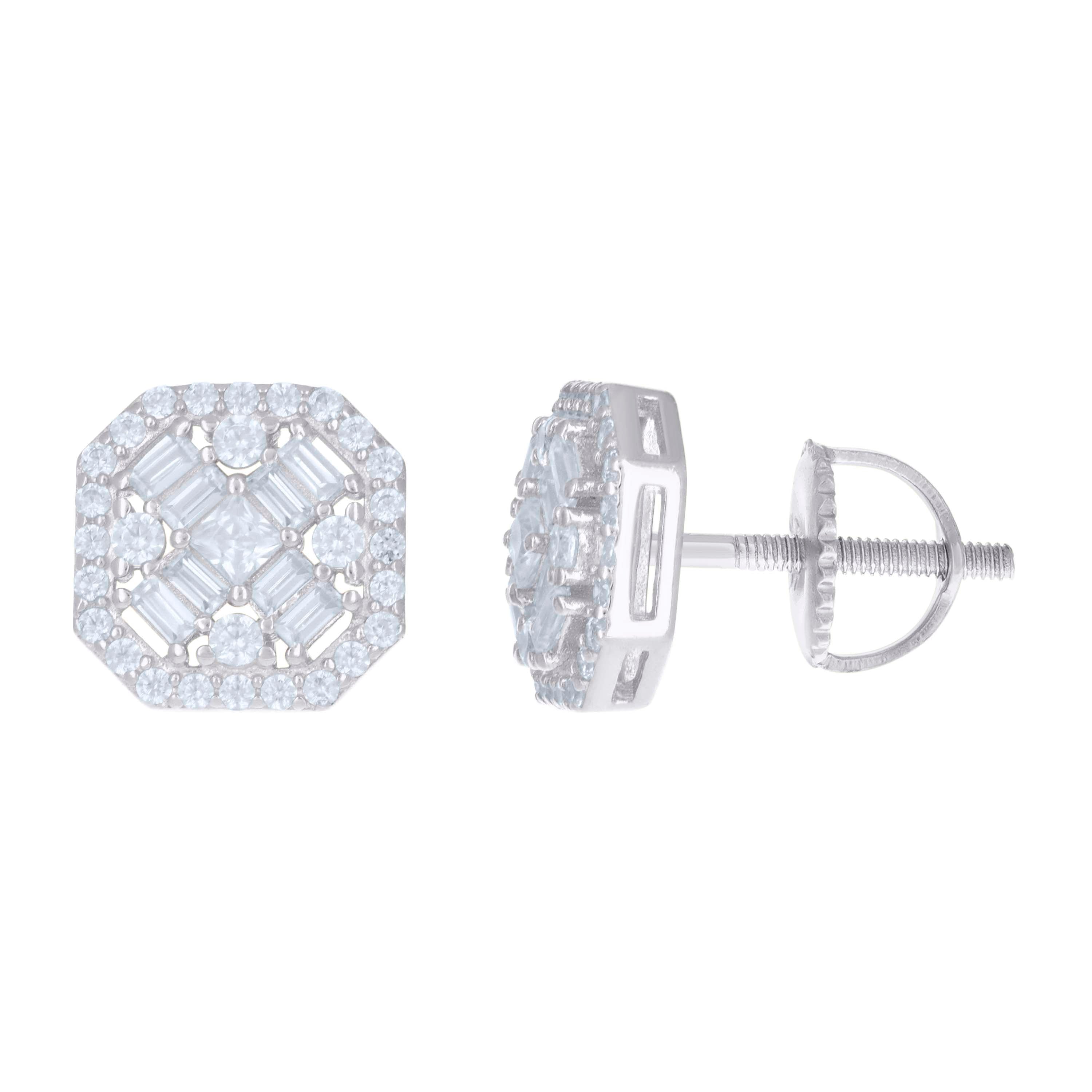 925 Sterling Silver Unisex Baguette Cubic-Zirconia Octagon Fashion Stud Earrings
