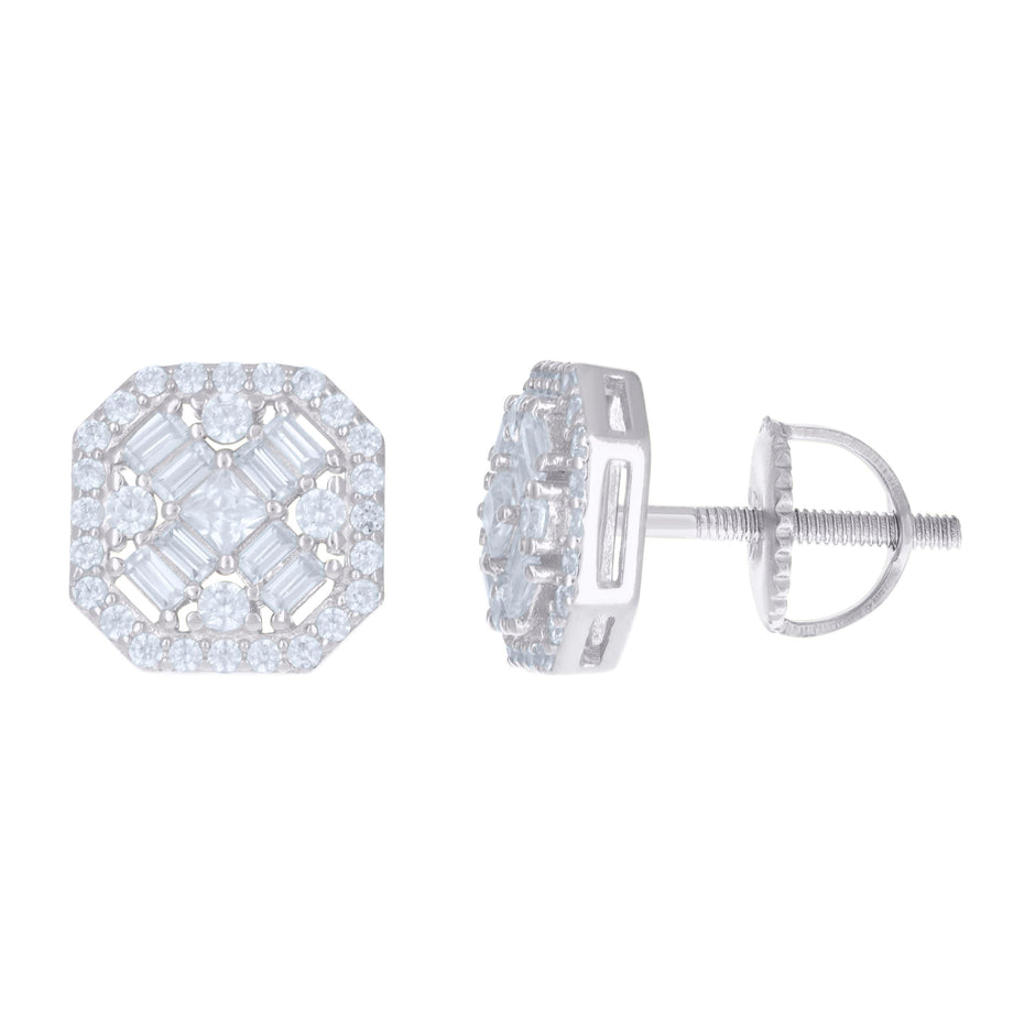 925 Sterling Silver Unisex Baguette Cubic-Zirconia Octagon Fashion Stud Earrings