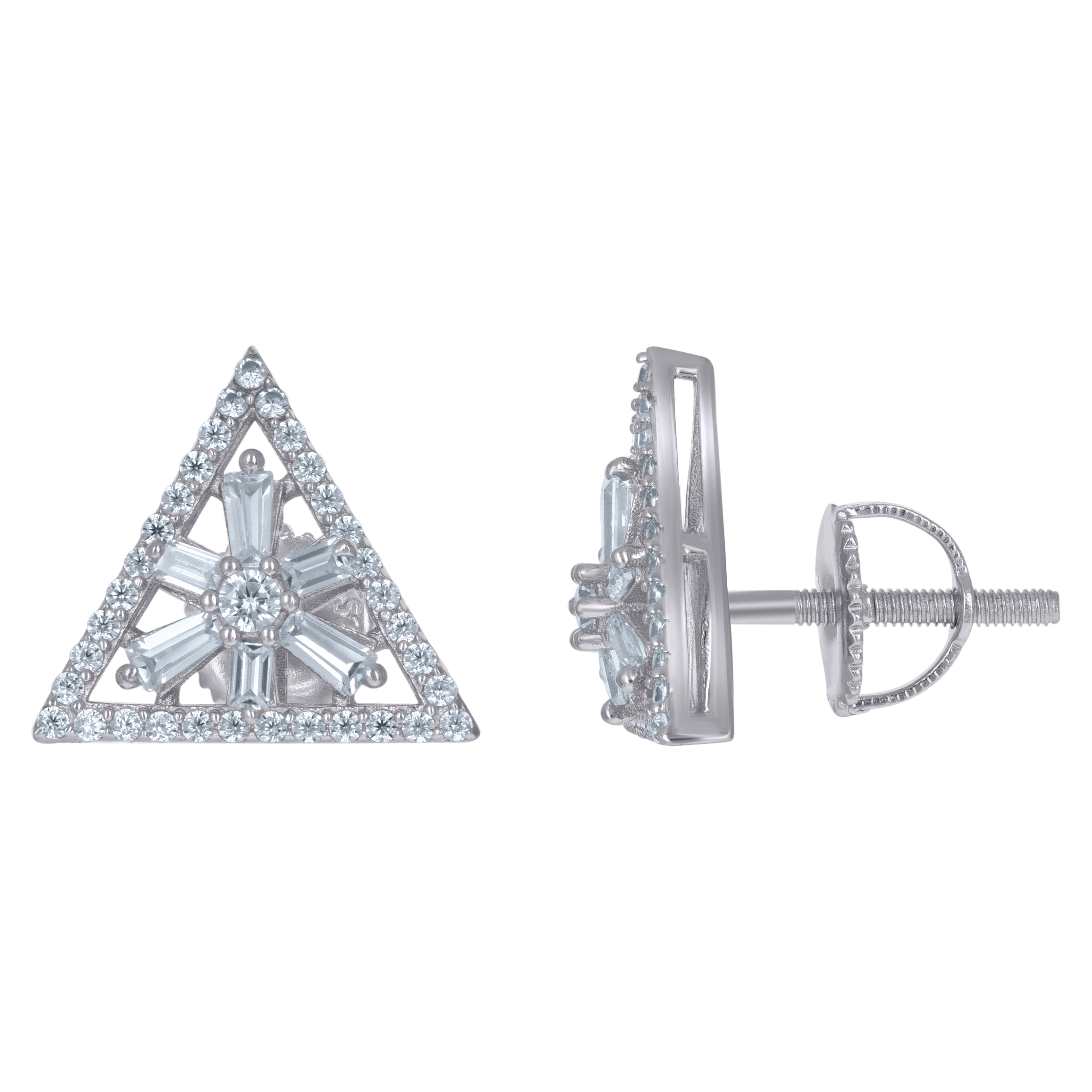 925 Sterling Silver Unisex Baguette Cubic-Zirconia Triangle Fashion Stud Earrings