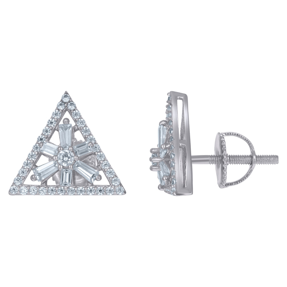 925 Sterling Silver Unisex Baguette Cubic-Zirconia Triangle Fashion Stud Earrings