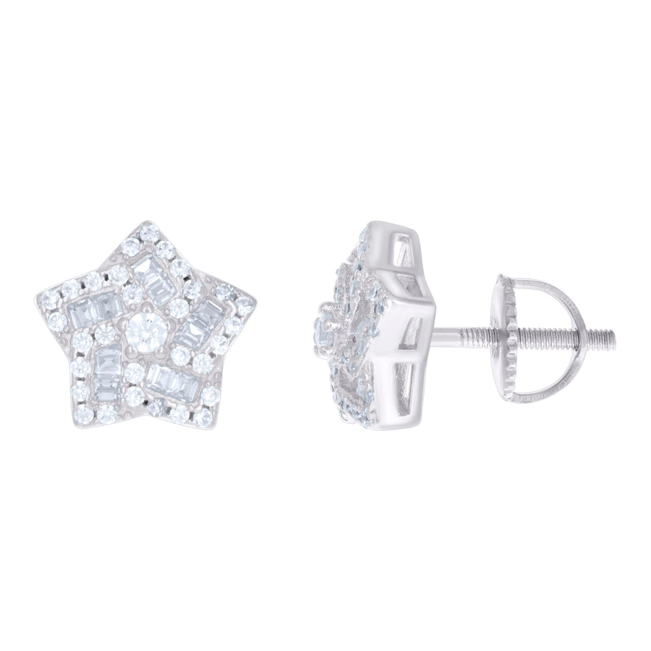 925 Sterling Silver Unisex Baguette Cubic-Zirconia Star Fashion Stud Earrings