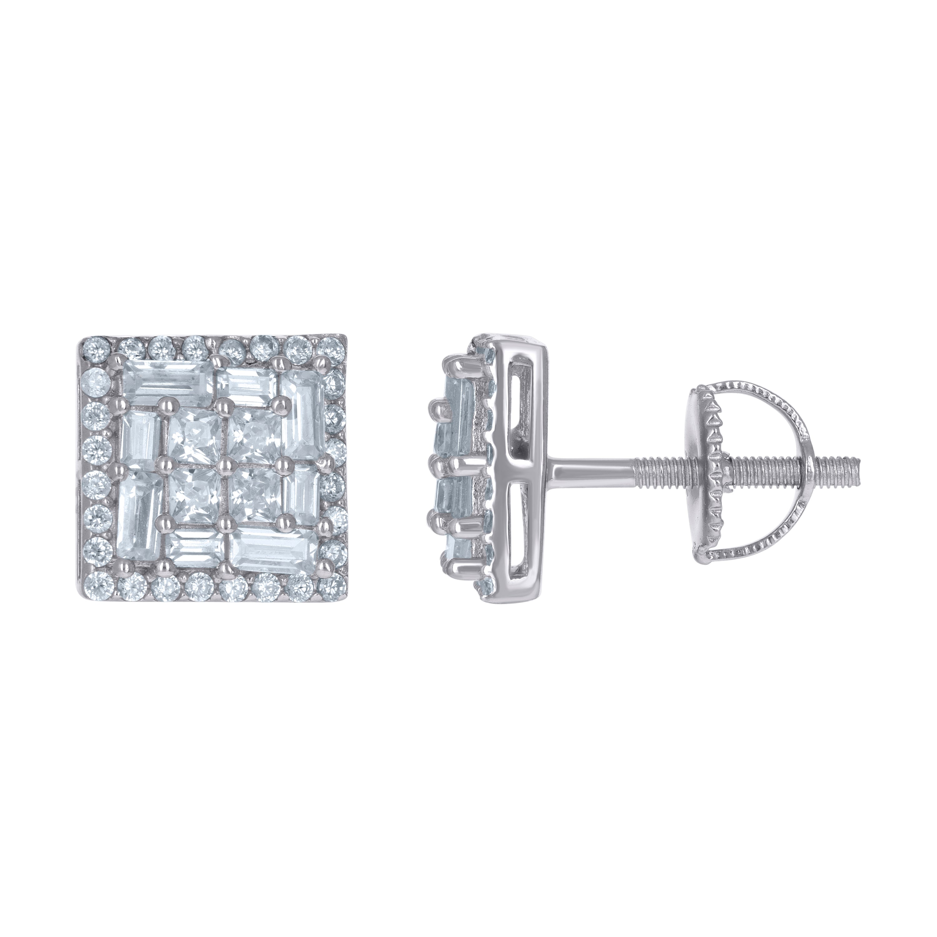 925 Sterling Silver Unisex Baguette Cubic-Zirconia Square Fashion Stud Earrings