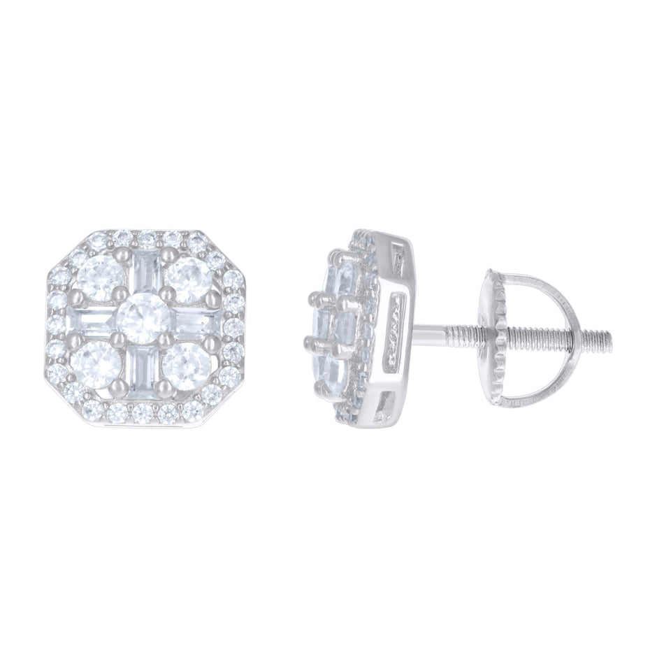 925 Sterling Silver Unisex Baguette Cubic-Zirconia Octagon Fashion Stud Earrings