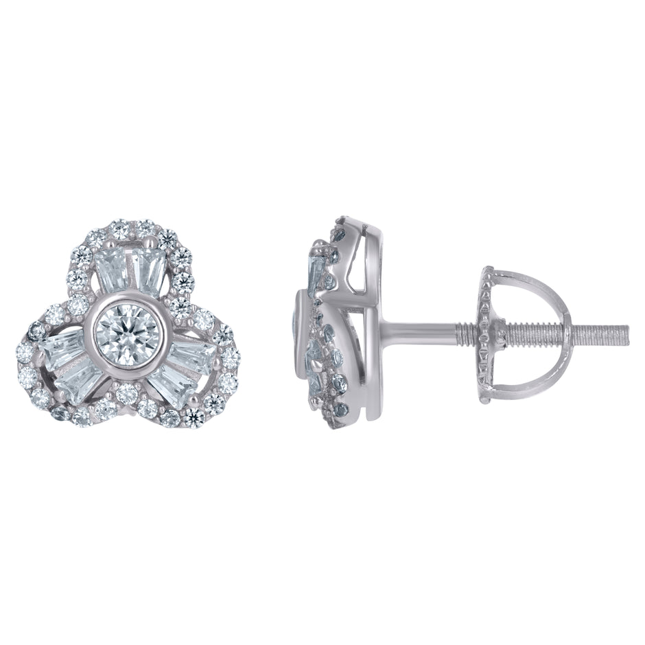 925 Sterling Silver Unisex Baguette Cubic-Zirconia Flower Fashion Stud Earrings