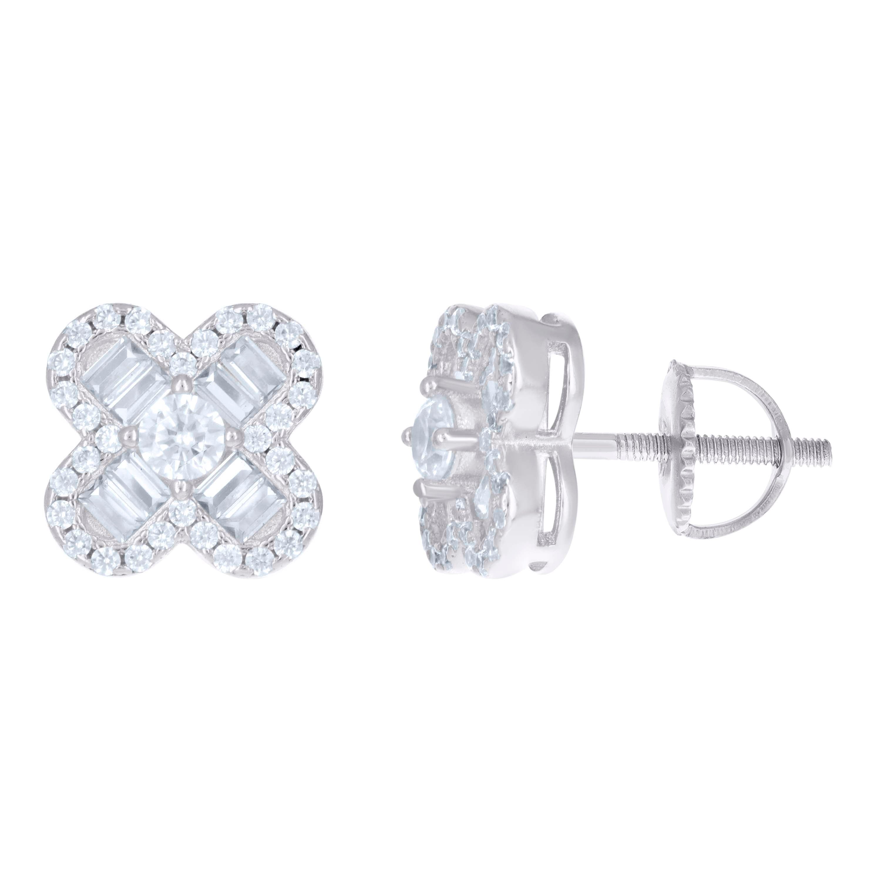 925 Sterling Silver Unisex Baguette Cubic-Zirconia Flower Fashion Stud Earrings