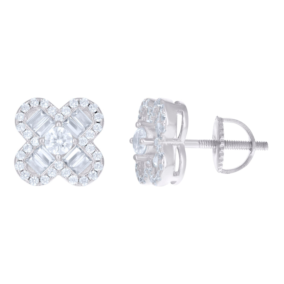 925 Sterling Silver Unisex Baguette Cubic-Zirconia Flower Fashion Stud Earrings