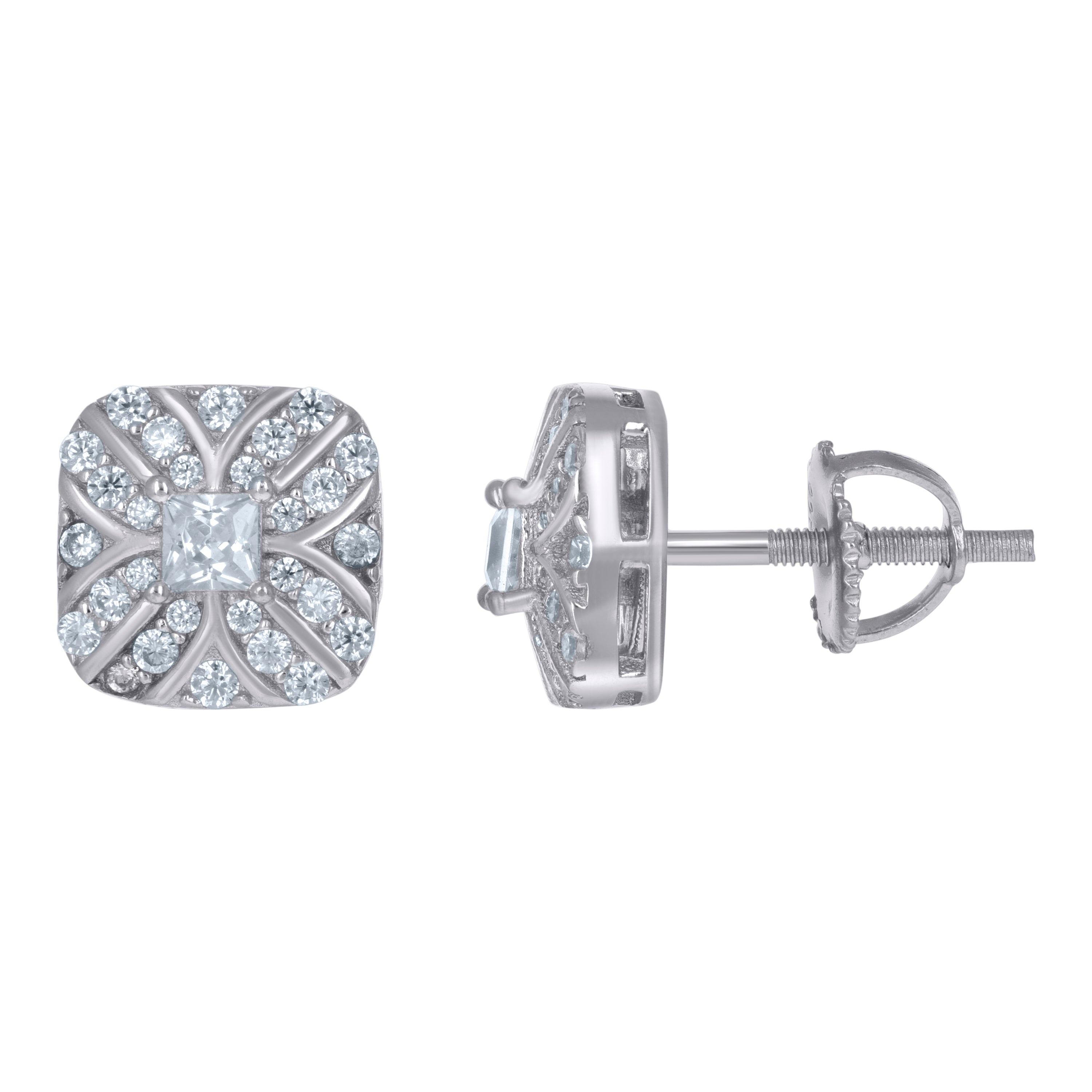 925 Sterling Silver Unisex Princess-Cut Cubic-Zirconia Square Fashion Stud Earrings