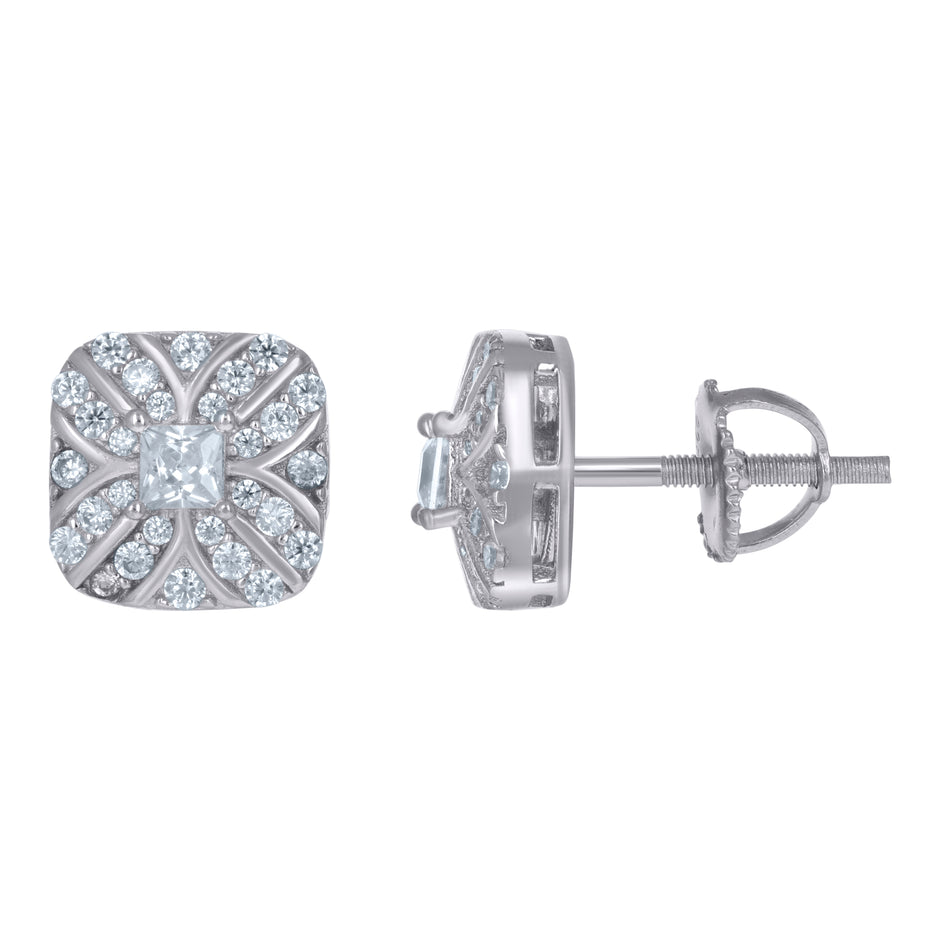 925 Sterling Silver Unisex Princess-Cut Cubic-Zirconia Square Fashion Stud Earrings