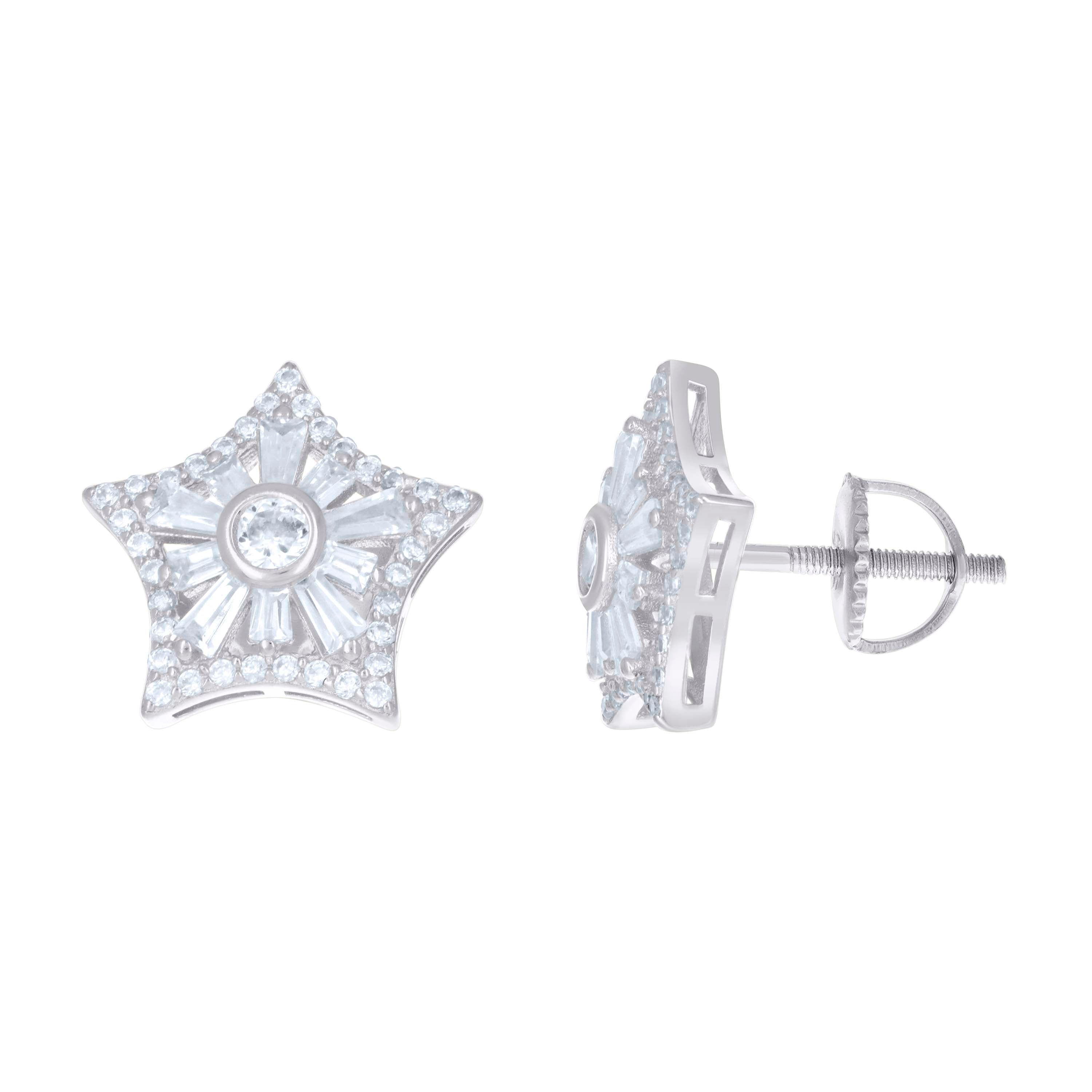 925 Sterling Silver Unisex Baguette Cubic-Zirconia Star Fashion Stud Earrings