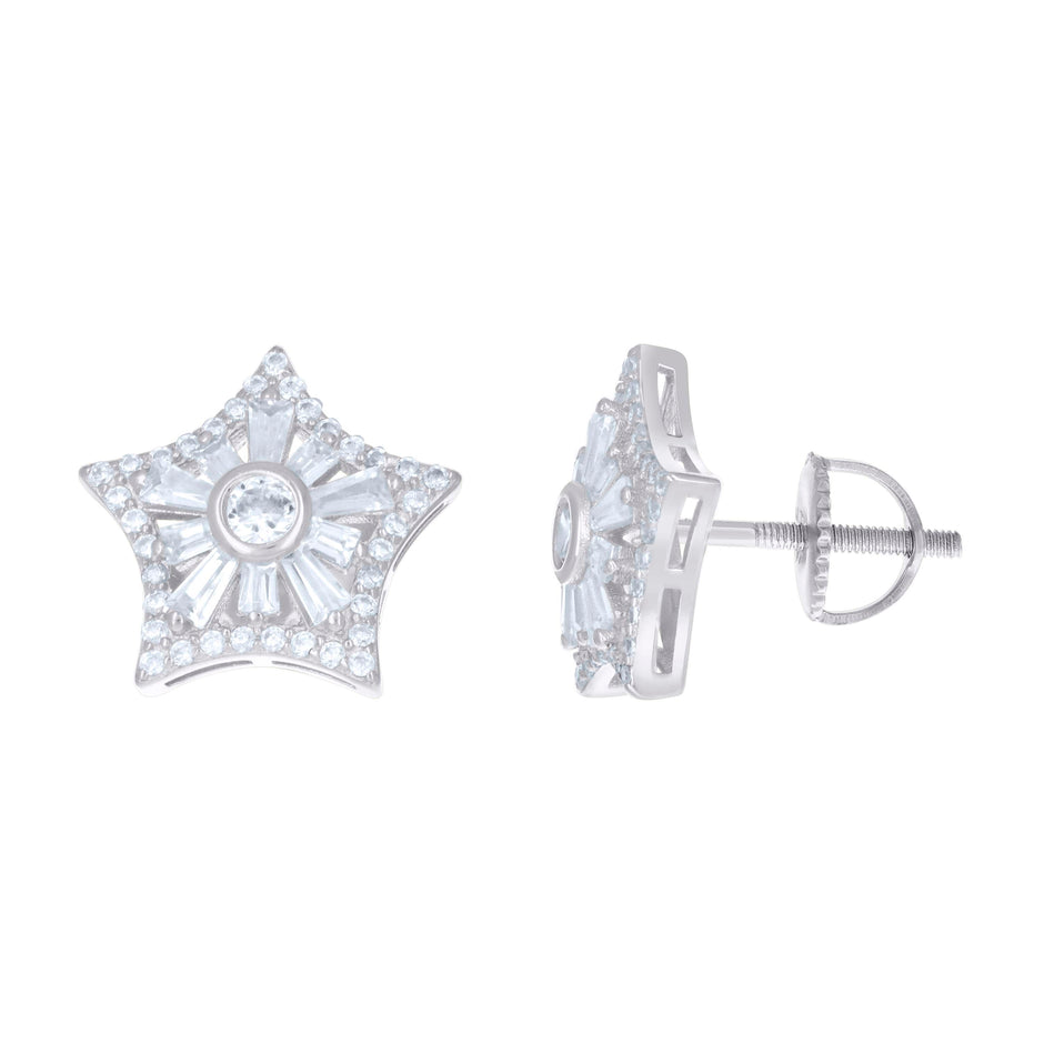 925 Sterling Silver Unisex Baguette Cubic-Zirconia Star Fashion Stud Earrings