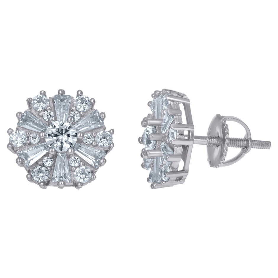 925 Sterling Silver Unisex Baguette Cubic-Zirconia Flower Fashion Stud Earrings