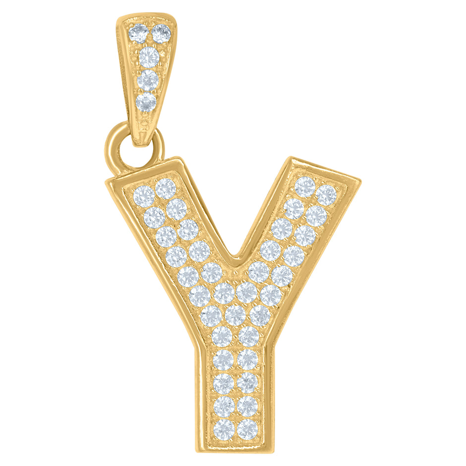 10Kt Yellow Gold Unisex Cubic-Zirconia Initial Alphabet Y Charm Pendant