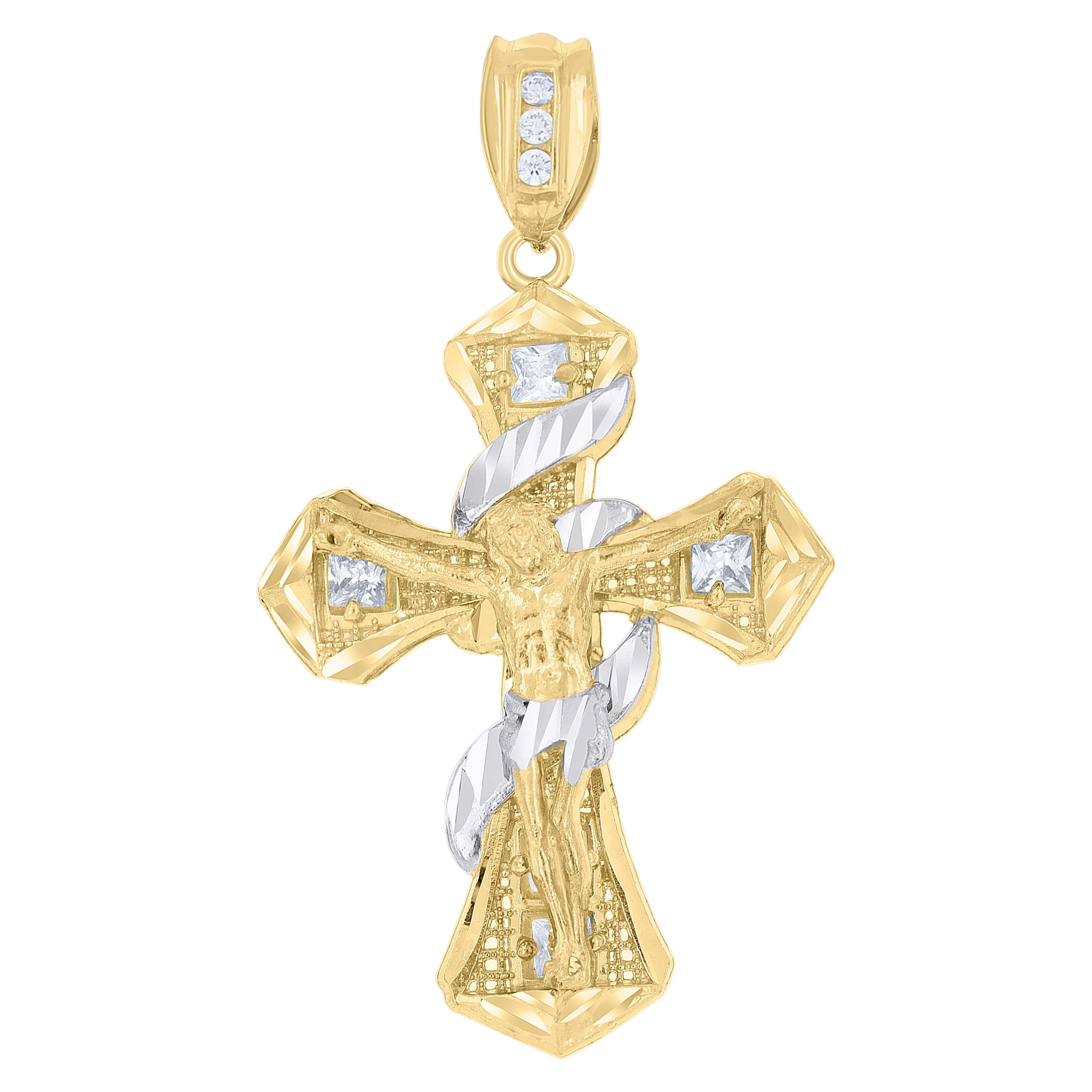 10kt Two-Tone Gold Mens Princess Cut Cubic-Zirconia Religious Cross Crucifix Charm Pendant