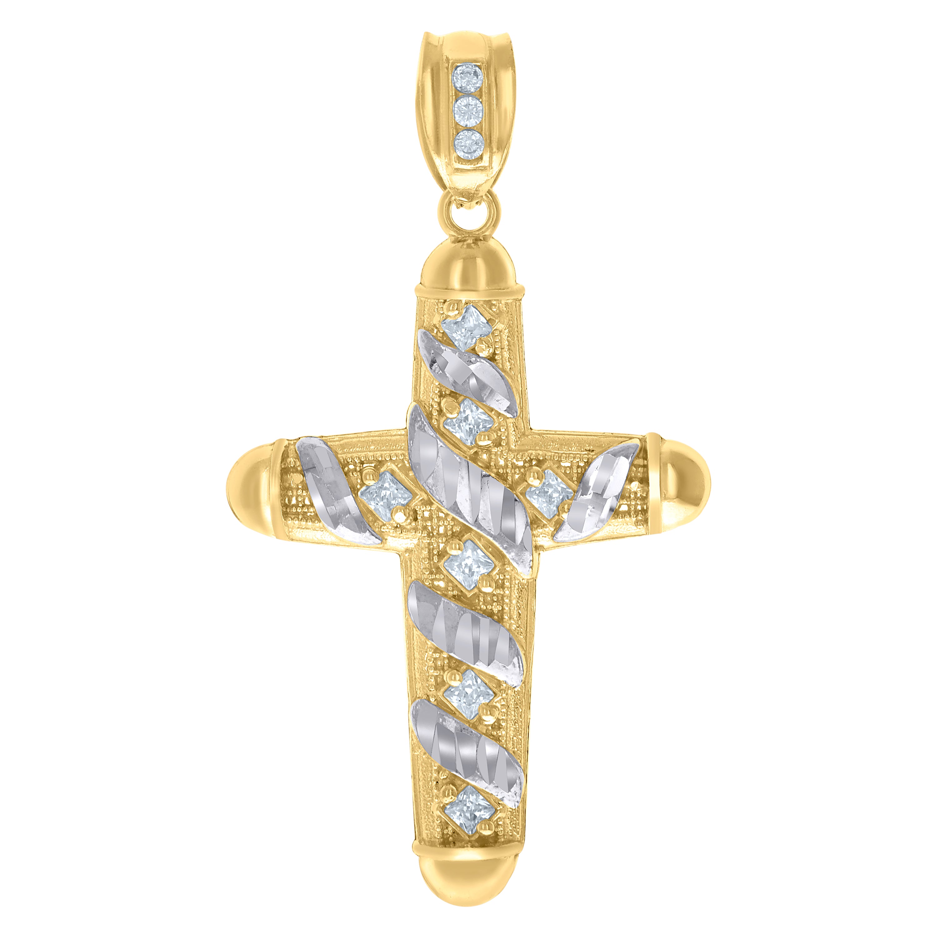 10kt Two-Tone Gold Mens Princess Cut Cubic-Zirconia Religious Cross Charm Pendant