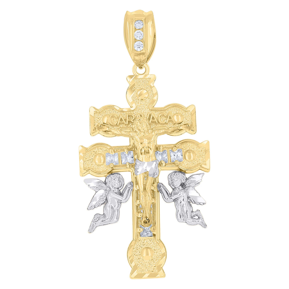 10kt Two-Tone Gold Mens Princess Cut Cubic-Zirconia Religious Caravaca Cross Crucifix Charm Pendant