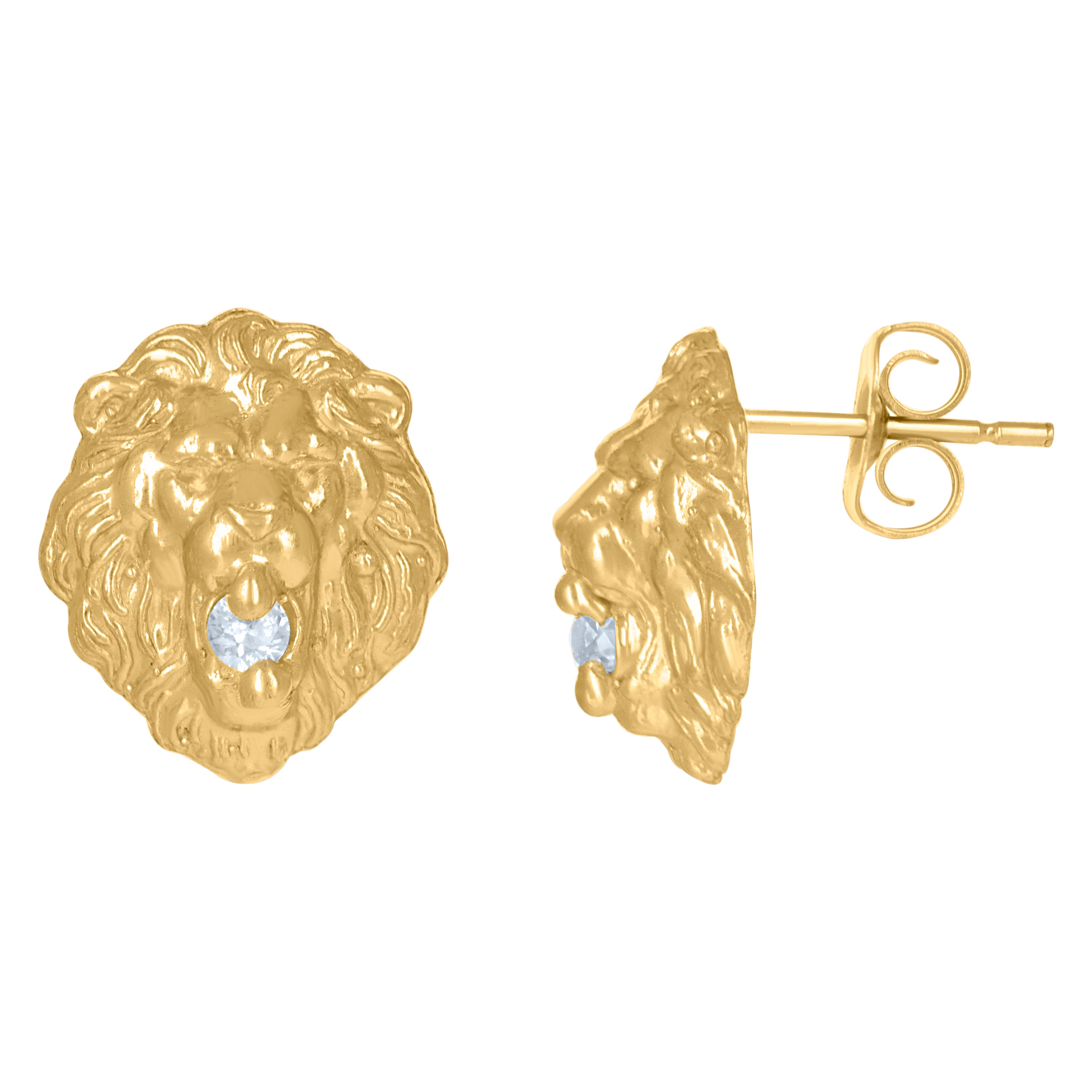 10kt Yellow Gold Mens Cubic-Zirconia Animal Lion Stud Earrings