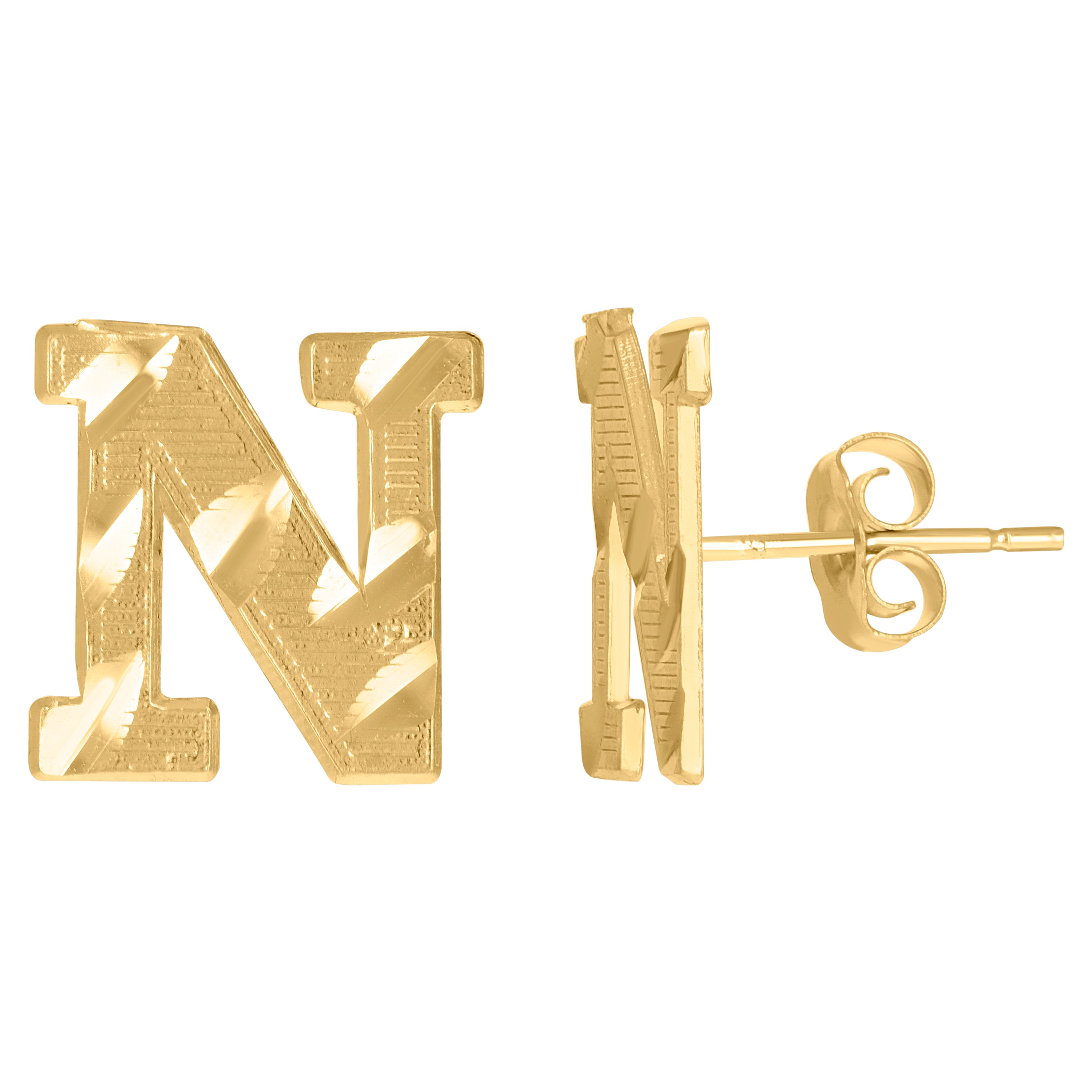 10kt Yellow Gold Mens Initials Letter N Stud Earrings
