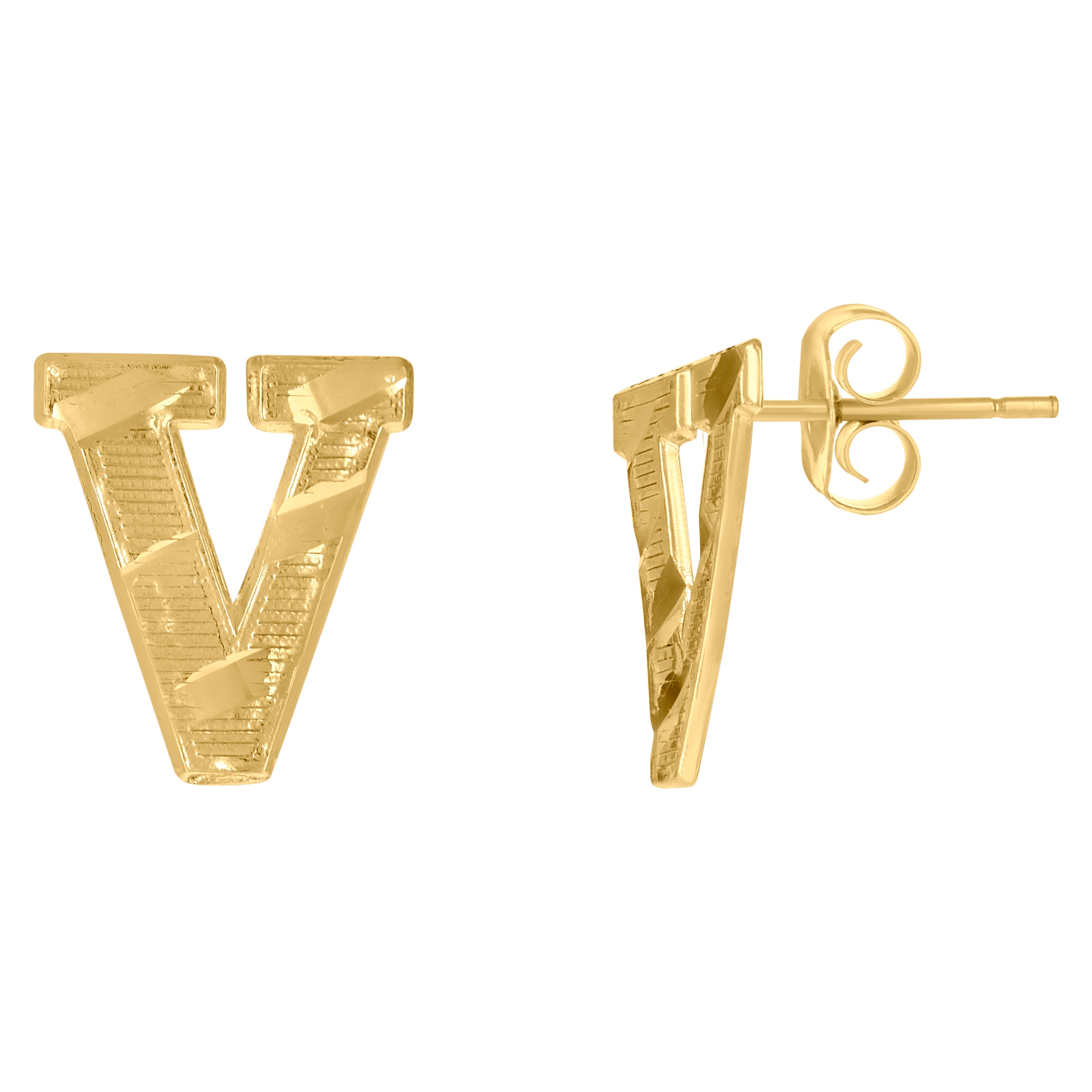 10kt Yellow Gold Mens Initials Letter V Stud Earrings