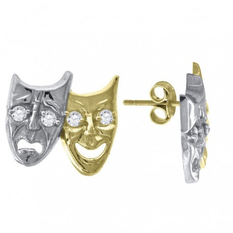 10kt Gold Two-Tone CZ Mens Comedy Tragedy Mask 15.8mm X 13.9mm Push Back Studs - SLV-61864
