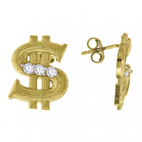 10kt Gold Two-Tone CZ Mens Dollar Sign Push Back Studs - SLV-61858
