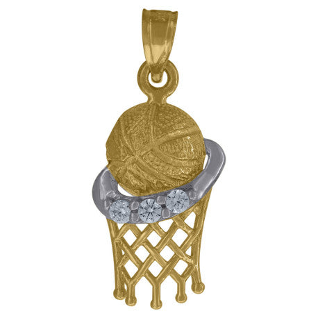 10kt Gold Two-Tone Cubic-Zirconia Unisex Basket Ball Sports Charm Pendant - SLV-71564