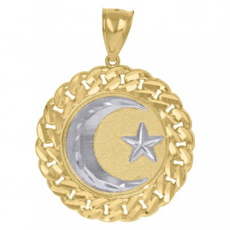 10kt Gold Two-Tone Diamond-Cut Mens Crescent Moon Star Religious Cuban Link Medallion Charm Pendant - SLV-76588