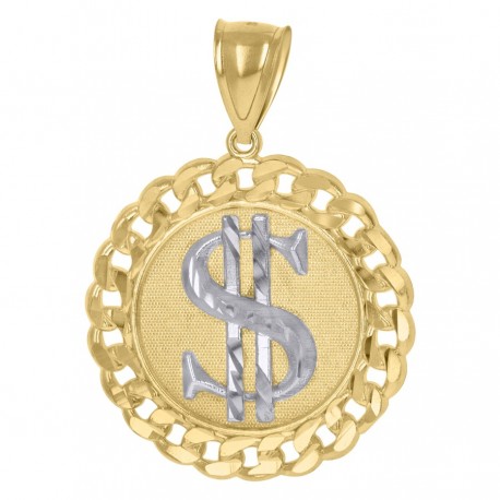 10kt Gold Two-Tone Diamond-Cut Mens Dollar Sign Currency Cuban Link Medallion Charm Pendant - SLV-76597