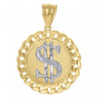 10kt Gold Two-Tone Diamond-Cut Mens Dollar Sign Currency Cuban Link Medallion Charm Pendant - SLV-76597
