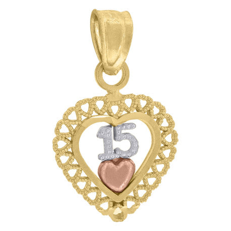 10kt Gold Tri-Color Diamond-Cut Womens 15 Anos Heart Quinceanera Charm Pendant - SLV-68135