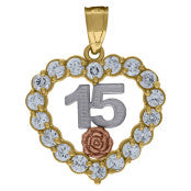 10kt Gold Tri-Color Cubic-Zirconia 15 Quinceanera Charm Pendant - SLV-105520