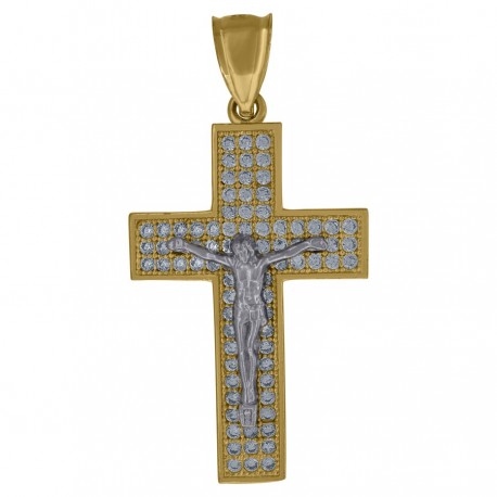 10kt Gold Two-Tone Cubic-Zirconia Mens Cross Crucifix Religious Charm Pendant - SLV-67654