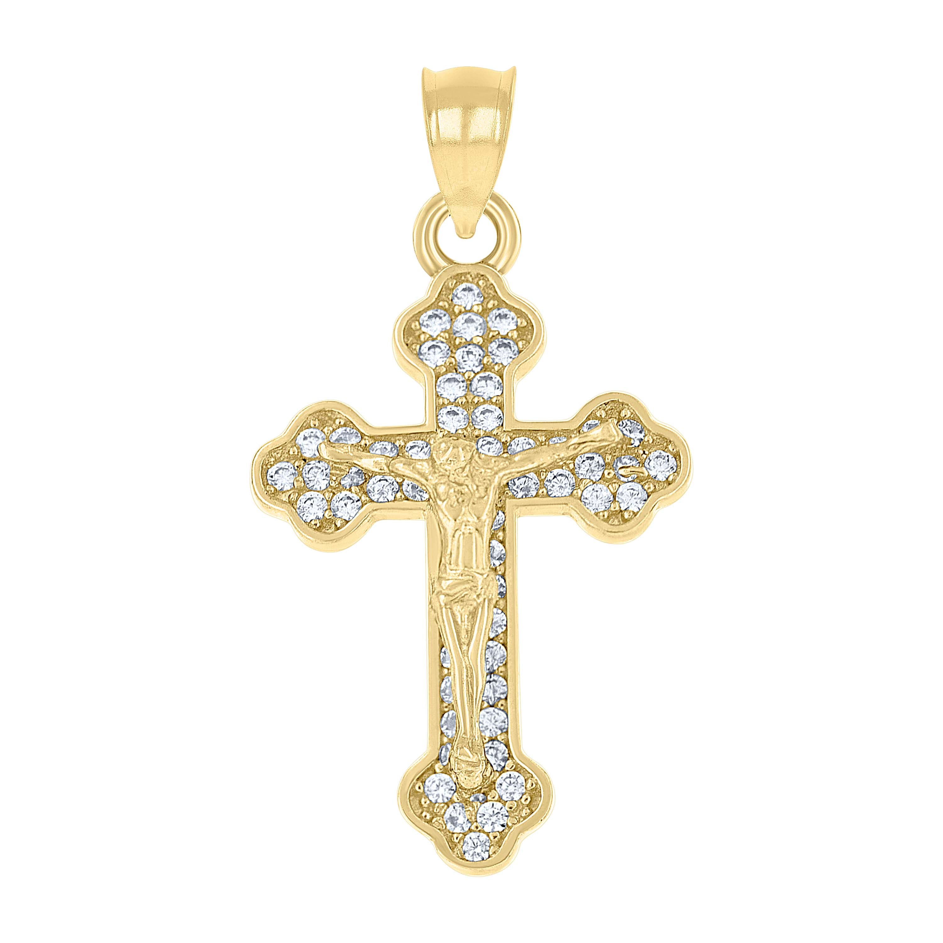 10kt Yellow Gold Mens Cubic-Zirconia Religious Budded Cross Crucifix Charm Pendant