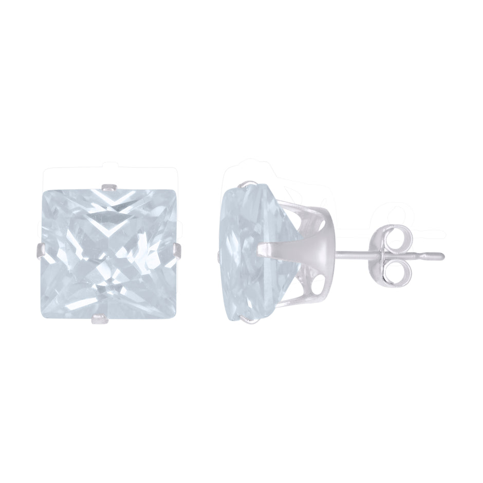 925 Sterling Silver Unisex Princess-cut Cubic-Zirconia Square Fashion Stud Earrings