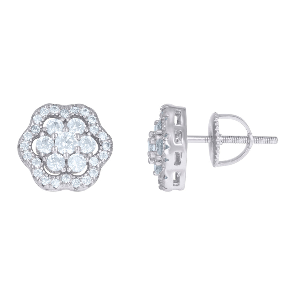 925 Sterling Silver Mens Cubic-Zirconia Flower Stud Earrings