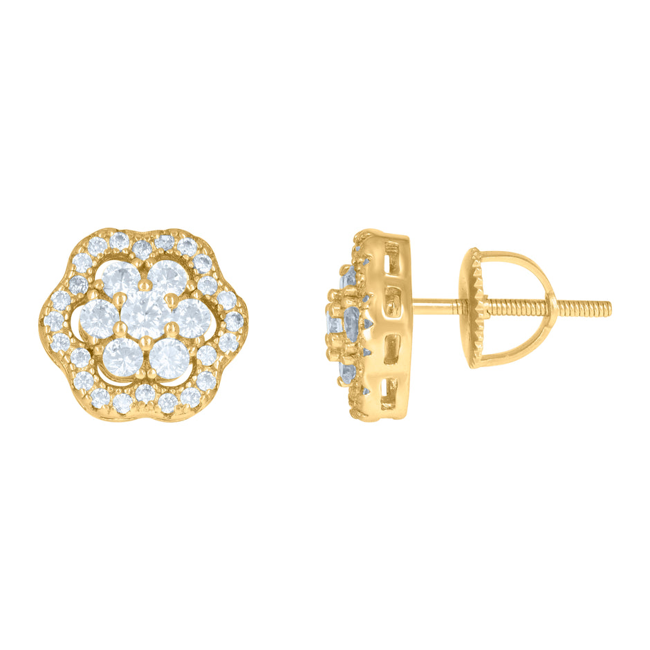 925 Sterling Silver Yellow-Tone Mens Cubic-Zirconia Flower Stud Earrings