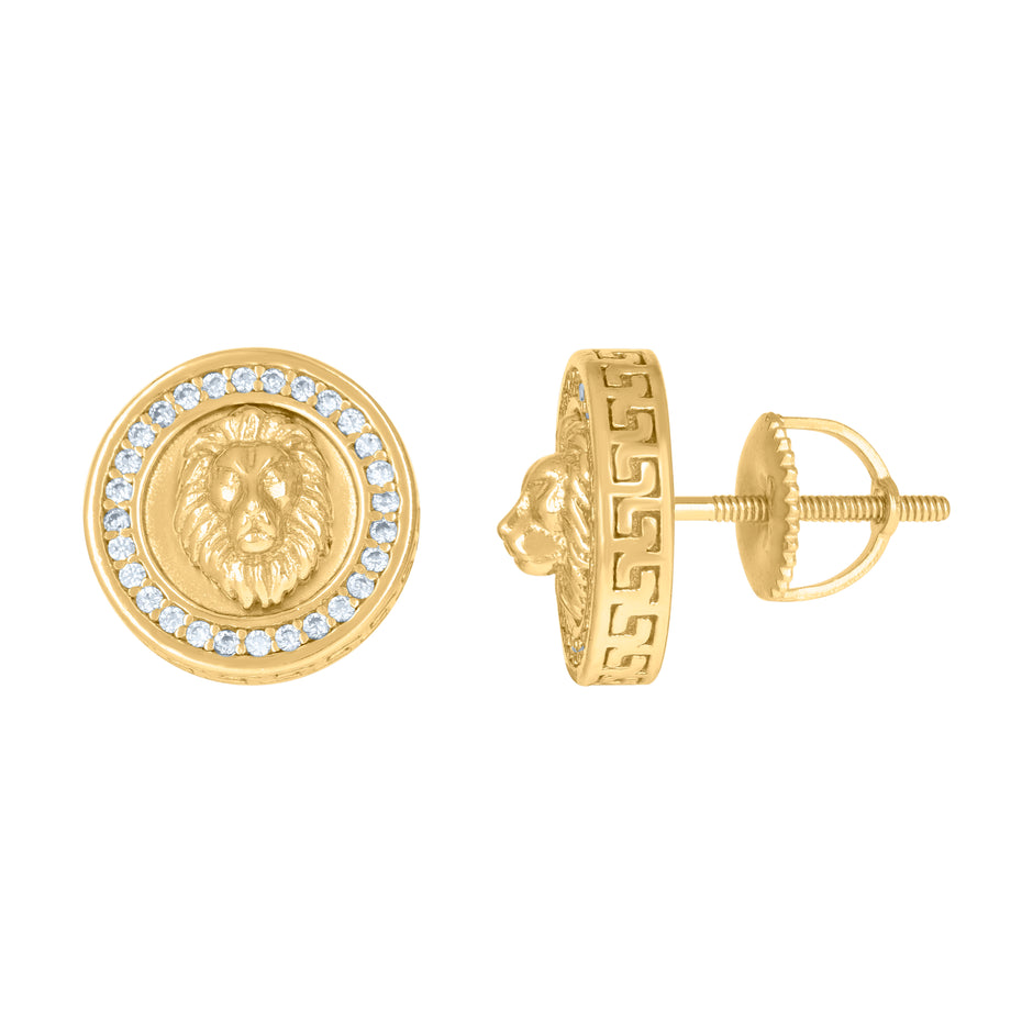 925 Sterling Silver Yellow-Tone Mens Cubic-Zirconia Lion Head Fashion Stud Earrings