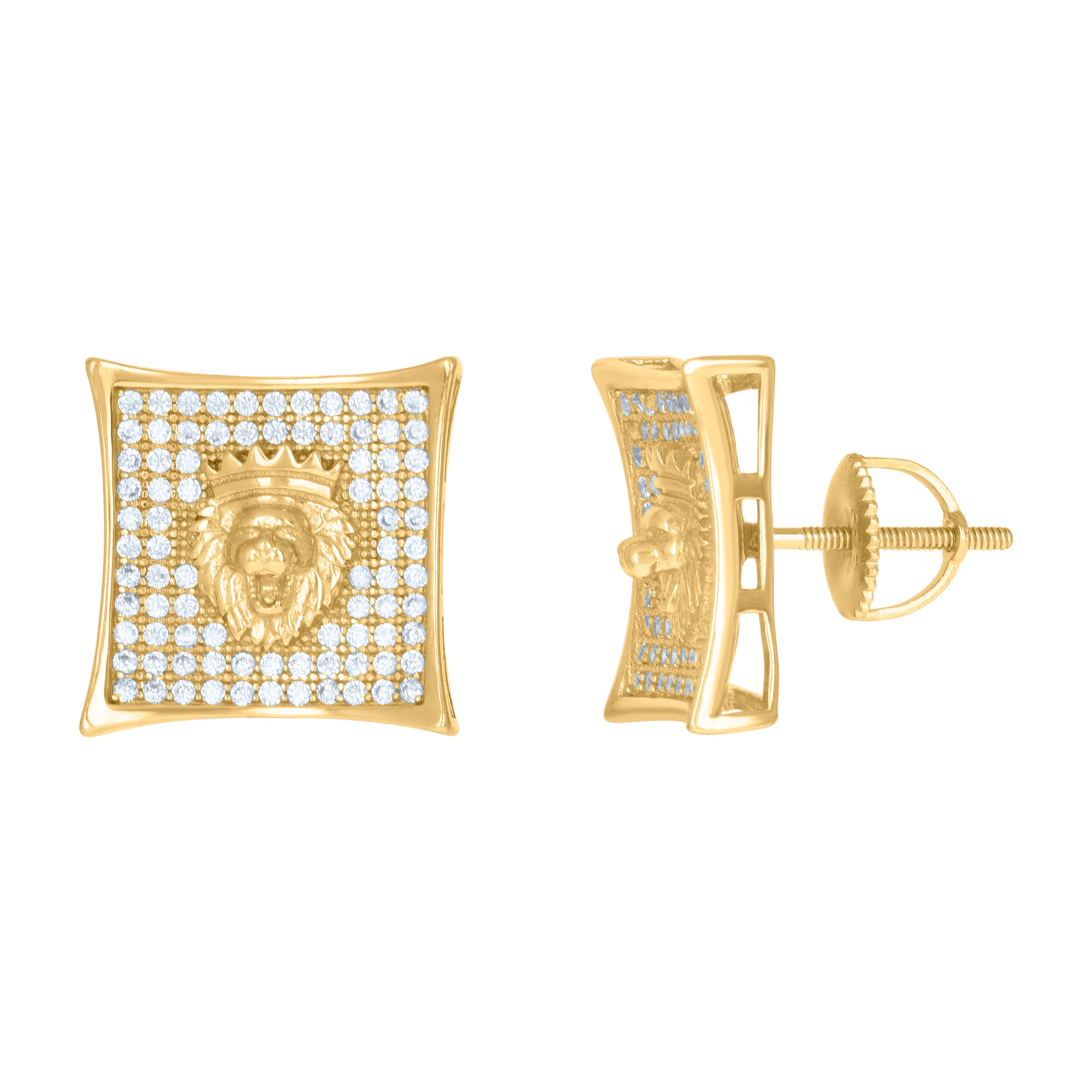 925 Sterling Silver Yellow-Tone Mens Cubic-Zirconia Lion Head Fashion Stud Earrings