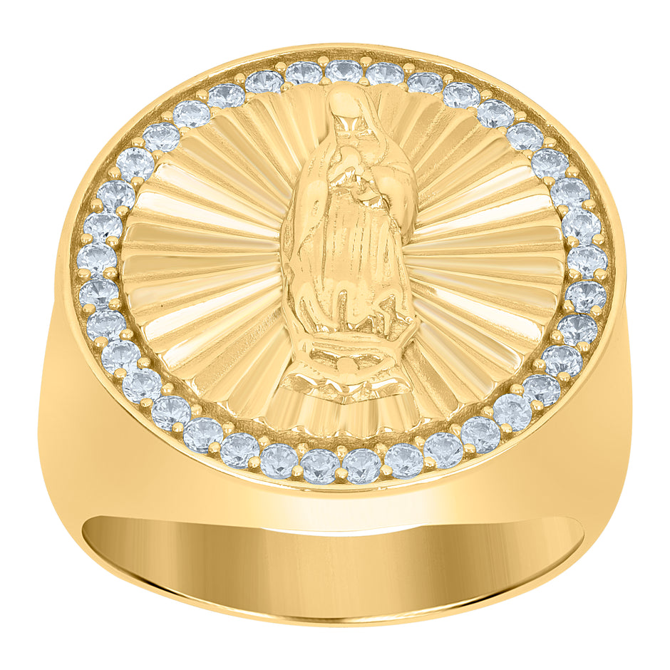 925 Sterling Silver Yellow-Tone Mens Cubic-Zirconia Guadalupe Religious Ring Size 9 - SLV-110376